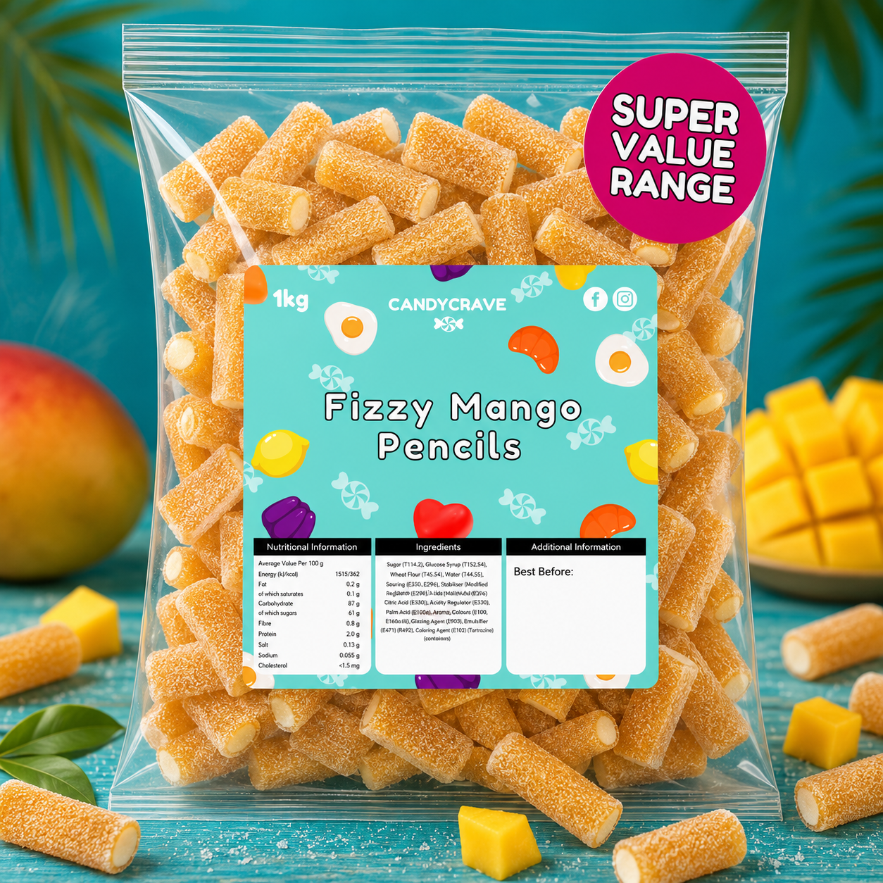 1kg Candycrave Super Value Fizzy Mango Pencils
