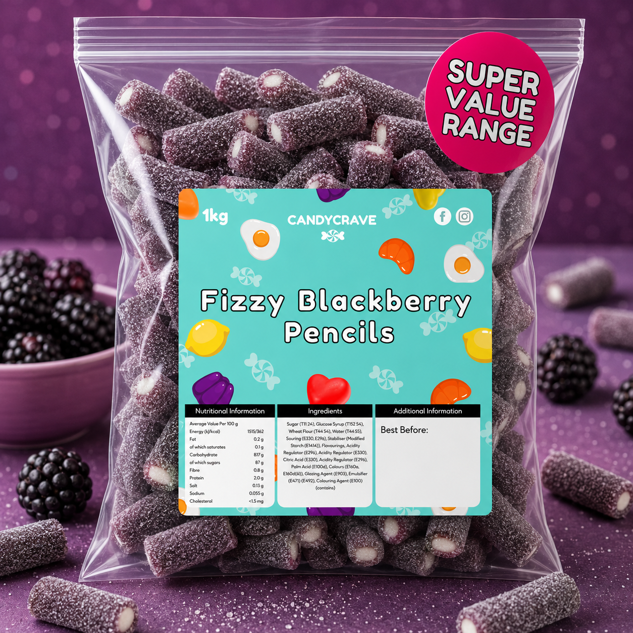 1kg Candycrave Super Value Fizzy Blackberry Pencils