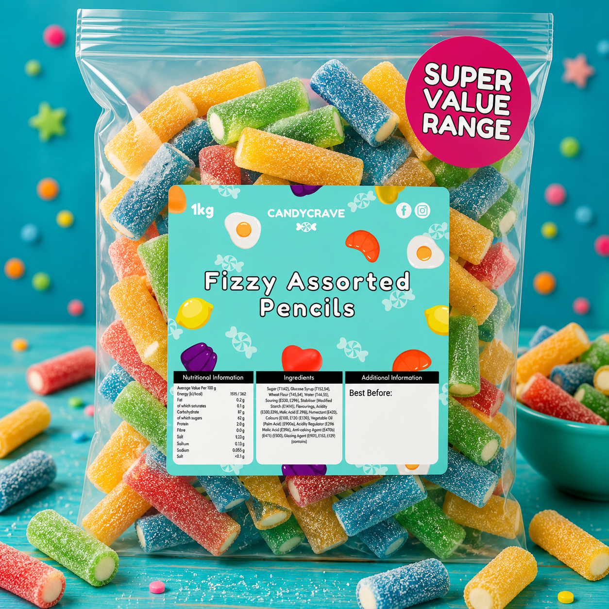 1kg Candycrave Super Value Fizzy Assorted Pencils