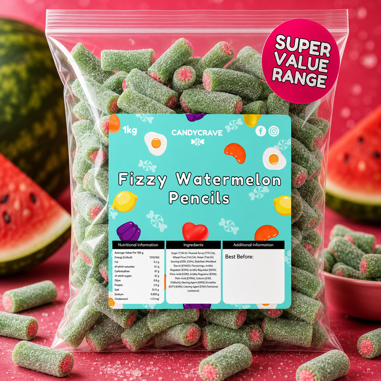 1kg Candycrave Super Value Fizzy Watermelon Pencils
